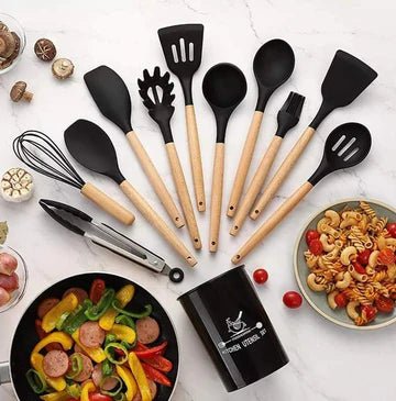 12pcs Silicone Utensil Set With Wooden Handle