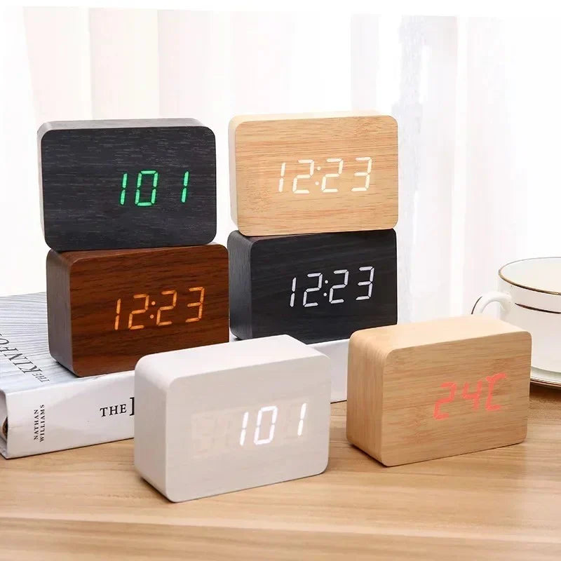 Table Clock With Led LED Wooden Table Clock Voice Control Digital Wood – sastalo.pk