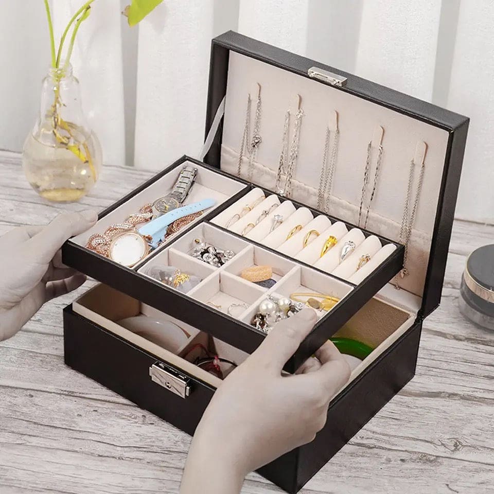 Double Layer Leather Jewellery Box, Earrings And Rings Storage Organizer