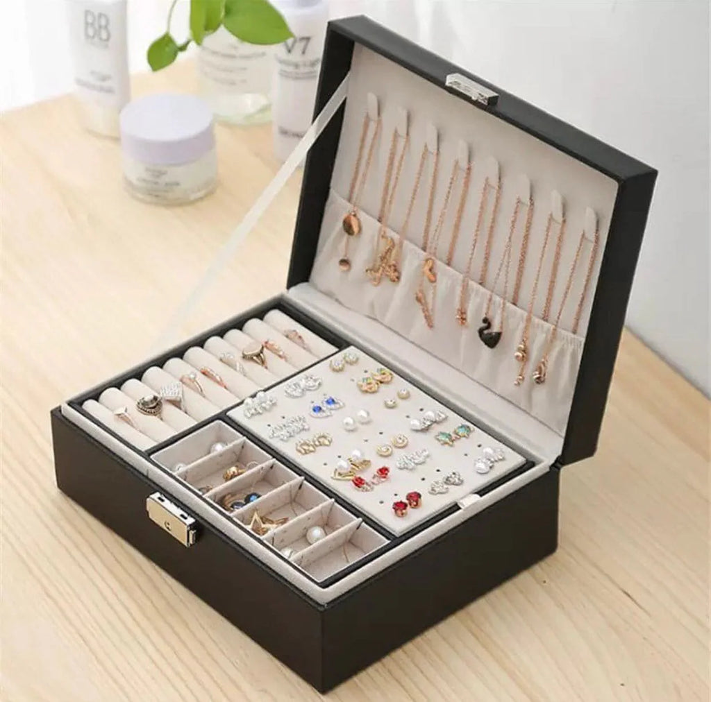 Double Layer Leather Jewellery Box, Earrings And Rings Storage Organizer