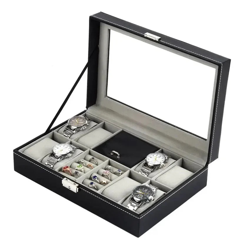 PU Leather Watch, Ring & Jewelry Organizer Lockable Storage Box (Imported)