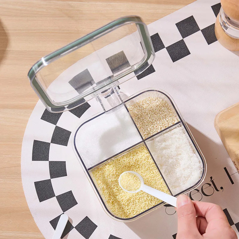 4-Grid Spice Storage Box – Multi-Section Seasoning Organizer with Spoon